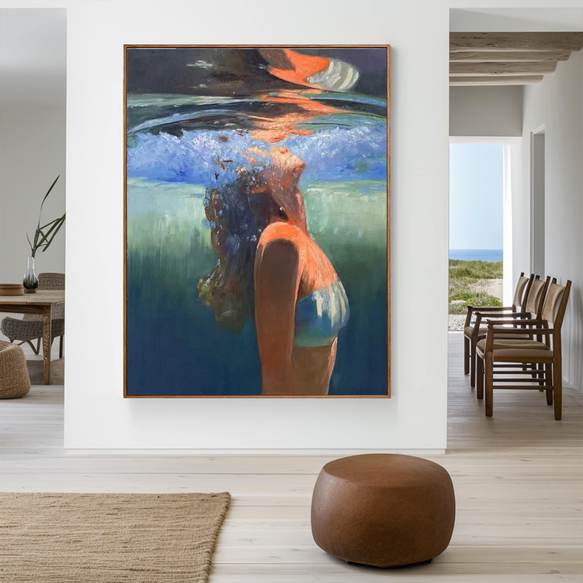 Girl Diving in Blue Sea Original Oil Painting, Hand-painted Seascape ...