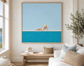 Large Coastal Summer Pool Oil Painting, Minimalist Poolside People Canvas Art, Turquoise Beach Coastal Wall Decor for Living Room