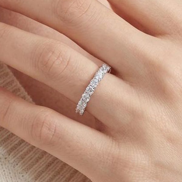 2.5mm Moissanite Wedding Ring 925 Sterling Silver Half Eternity Band Pass Diamnd Tester