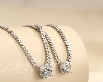 2/3CT Round Cut Moissanite Solitaire Pendant 925 Sterling Silver Cuban Necklace