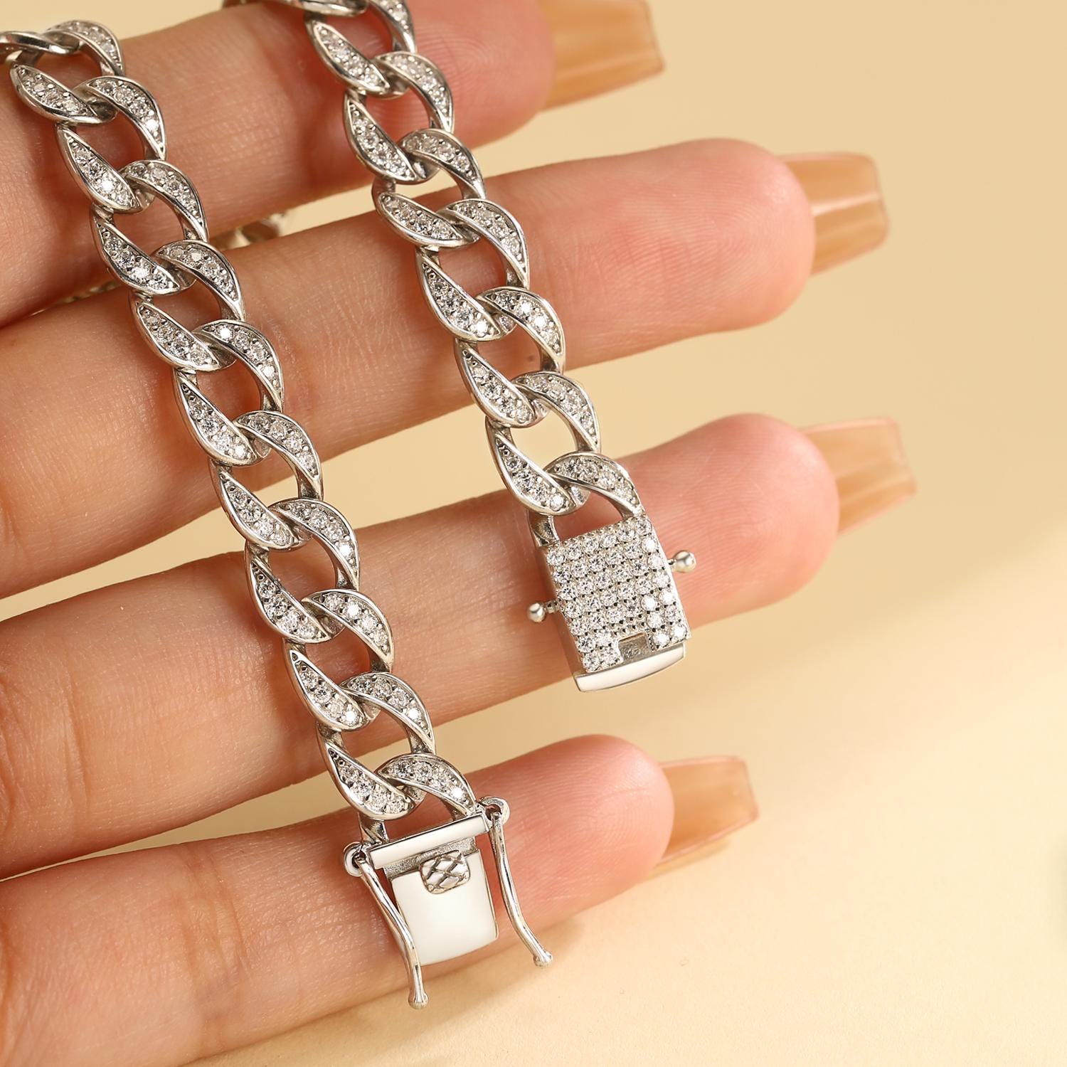 8mm Iced Out Moissanite Miami Cuban Chain S925 Sterling Silver Platinum Plated Bracelet
