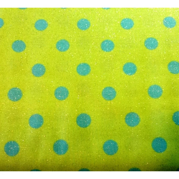 Cotton Fabric.  Polka Dots Prints by the Yard. Green Fabric with Delicate Glitter & Blue Polka dots. Novelty Prints.100% Cotton