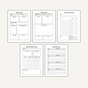 May include: Five white printable math study sheets with black text and borders. The sheets provide templates for study notes, class notes, assignment checklists, exam preparation, and a study schedule. Ideal for students.