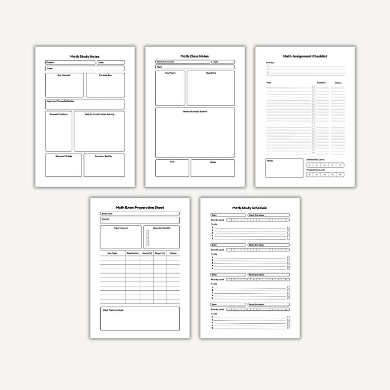 May include: Five white printable math study sheets with black text and borders. The sheets provide templates for study notes, class notes, assignment checklists, exam preparation, and a study schedule. Ideal for students.