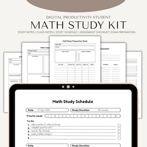 Peut inclure: Un kit d'étude de mathématiques numérique avec des notes d'étude, des notes de cours, un emploi du temps, une liste de contrôle des devoirs et des feuilles de préparation aux examens. Le kit comprend une tablette affichant un emploi du temps d'étude de mathématiques.