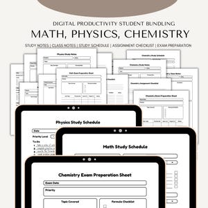 Pode incluir: Pacote digital de produtividade estudantil com notas de estudo, notas de aula e folhas de preparação para exames de matemática, física e química. Inclui horários de estudo e listas de verificação de tarefas.