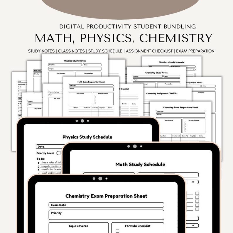 May include: Digital student productivity bundle with study notes, class notes, and exam preparation sheets for maths, physics, and chemistry. Includes study schedules and assignment checklists. A tablet displays a physics study schedule.