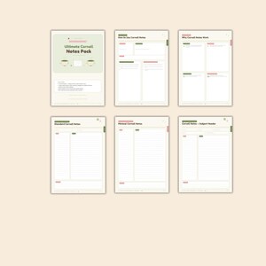 May include: A digital Cornell notes pack featuring six pages with green and pink accents. The cover page displays the text Ultimate Cornell Notes Pack with two tea cup illustrations. Other pages include templates for note-taking, subject headers, and guides.
