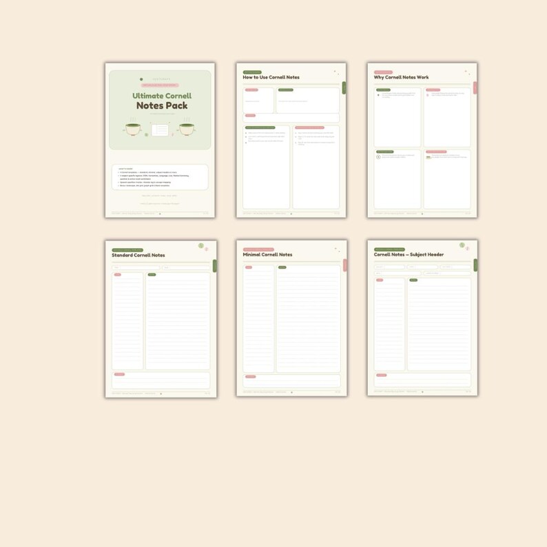 May include: A digital Cornell notes pack featuring six pages with green and pink accents. The cover page displays the text Ultimate Cornell Notes Pack with two tea cup illustrations. Other pages include templates for note-taking, subject headers, and guides.