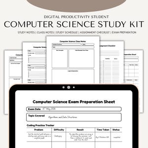 May include: A digital computer science study kit with study notes, class notes, and an exam preparation sheet. The kit includes a tablet displaying an exam preparation sheet with the date May 15th, 2026, and the topic "Algorithms and Data Structures."