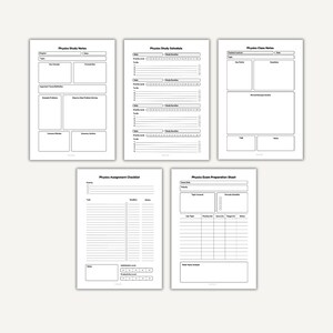 May include: Five white A4 paper sheets with black text, designed for physics study. The sheets include templates for study notes, schedules, class notes, assignment checklists, and exam preparation. Each sheet has a different layout.