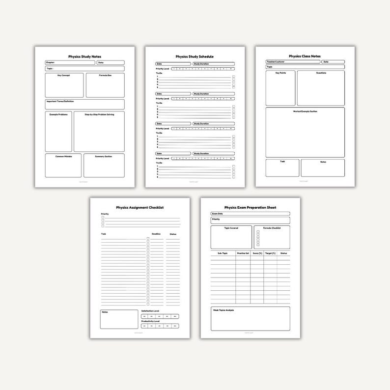 May include: Five white A4 paper sheets with black text, designed for physics study. The sheets include templates for study notes, schedules, class notes, assignment checklists, and exam preparation. Each sheet has a different layout.