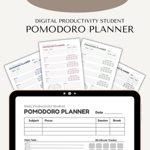 May include: A digital Pomodoro planner for students, featuring a black tablet with the words "POMODORO PLANNER" and several printed planner sheets. The sheets have sections for subject, focus, and a 20-minute tracker, with a neutral color palette.