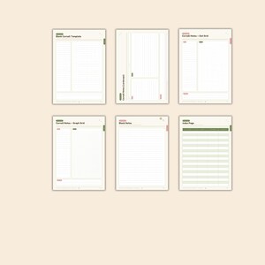 May include: A set of six digital planner pages on a light beige background. The pages include Blank Cornell Template, Cornell Notes (Landscape), Cornell Notes - Dot Grid, Cornell Notes - Graph Grid, Blank Notes, and Index Page with green and pink accents.
