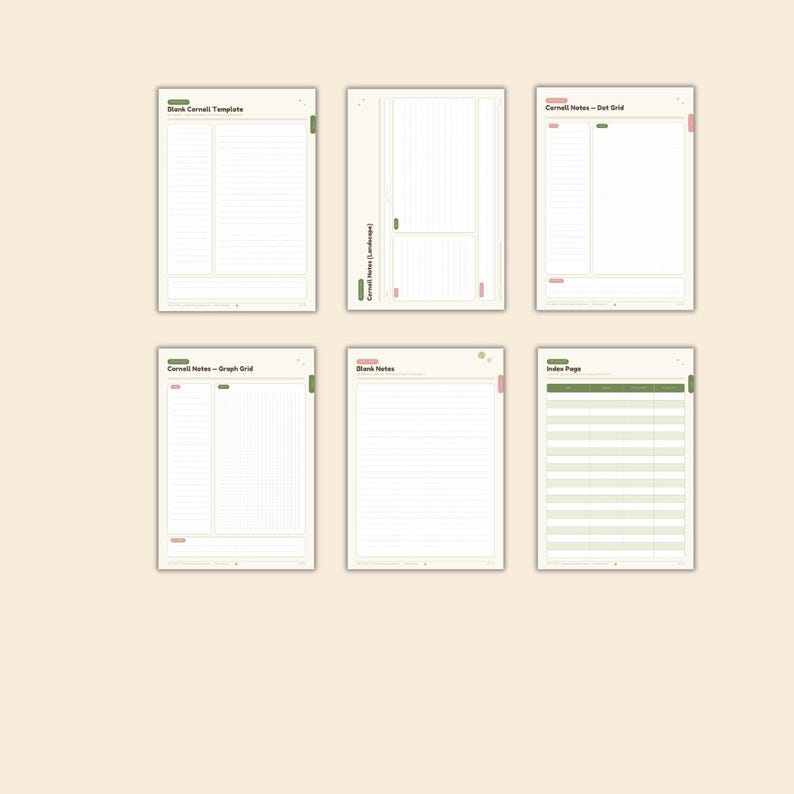 May include: A set of six digital planner pages on a light beige background. The pages include Blank Cornell Template, Cornell Notes (Landscape), Cornell Notes - Dot Grid, Cornell Notes - Graph Grid, Blank Notes, and Index Page with green and pink accents.