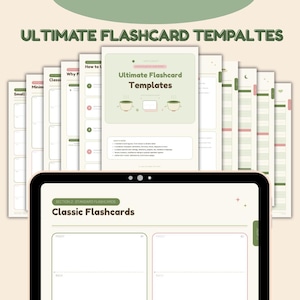 May include: A digital tablet displays a page titled Classic Flashcards with two blank rectangular sections labeled Front and Back. Behind the tablet, multiple stacked pages titled Ultimate Flashcard Templates are visible, featuring various layouts, green accents, and icons of cups.
