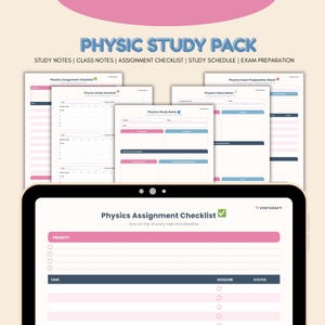 Puede incluir: Un paquete de estudio de física digital que incluye varias plantillas imprimibles, como una lista de verificación de tareas, un horario de estudio, notas de clase y una hoja de preparación para exámenes con detalles en rosa y azul.