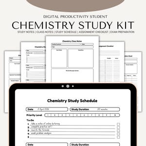 May include: A digital chemistry study kit, including study notes, class notes, a study schedule, and an assignment checklist. The image shows a tablet displaying a study schedule with a to-do list and a priority level.