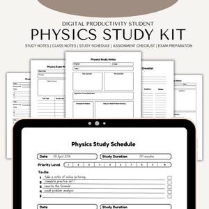 May include: A digital physics study kit featuring study notes, class notes, a study schedule, and an assignment checklist. The kit includes a tablet displaying a study schedule with a date, study duration, and a to-do list. The text "PHYSICS STUDY KIT" is at the top.