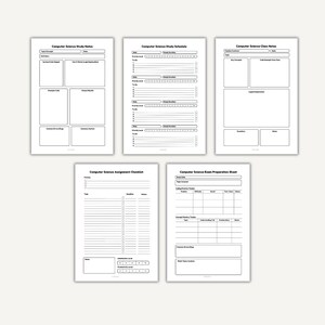 Peut inclure: Cinq feuilles de papier blanc avec du texte noir, con&ccedil;ues pour l'&eacute;tude de l'informatique. Les feuilles comprennent des notes d'&eacute;tude, un emploi du temps, des notes de cours, une liste de contr&ocirc;le des devoirs et une feuille de pr&eacute;paration aux examens. Chaque feuille a une mise en page diff&eacute;rente.