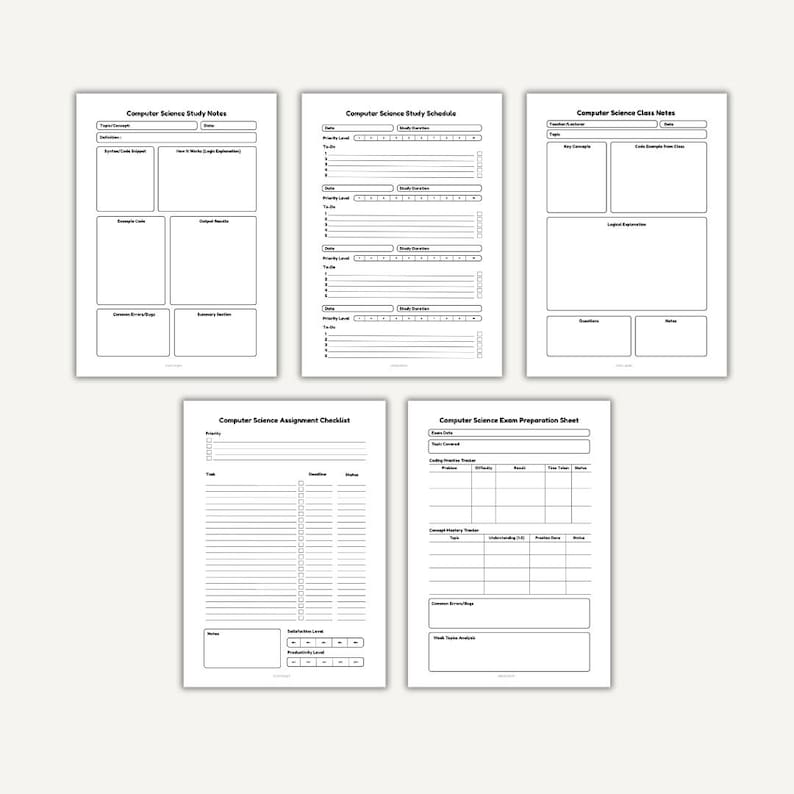 Peut inclure: Cinq feuilles de papier blanc avec du texte noir, con&ccedil;ues pour l'&eacute;tude de l'informatique. Les feuilles comprennent des notes d'&eacute;tude, un emploi du temps, des notes de cours, une liste de contr&ocirc;le des devoirs et une feuille de pr&eacute;paration aux examens. Chaque feuille a une mise en page diff&eacute;rente.