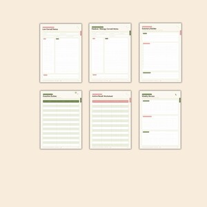 May include: Six digital planner pages featuring Law Cornell Notes, Medical/Biology Cornell Notes, Summary Builder, Question Builder, Active Recall Worksheet, and Weekly Review. Each page has a cream background with pink and green accents.
