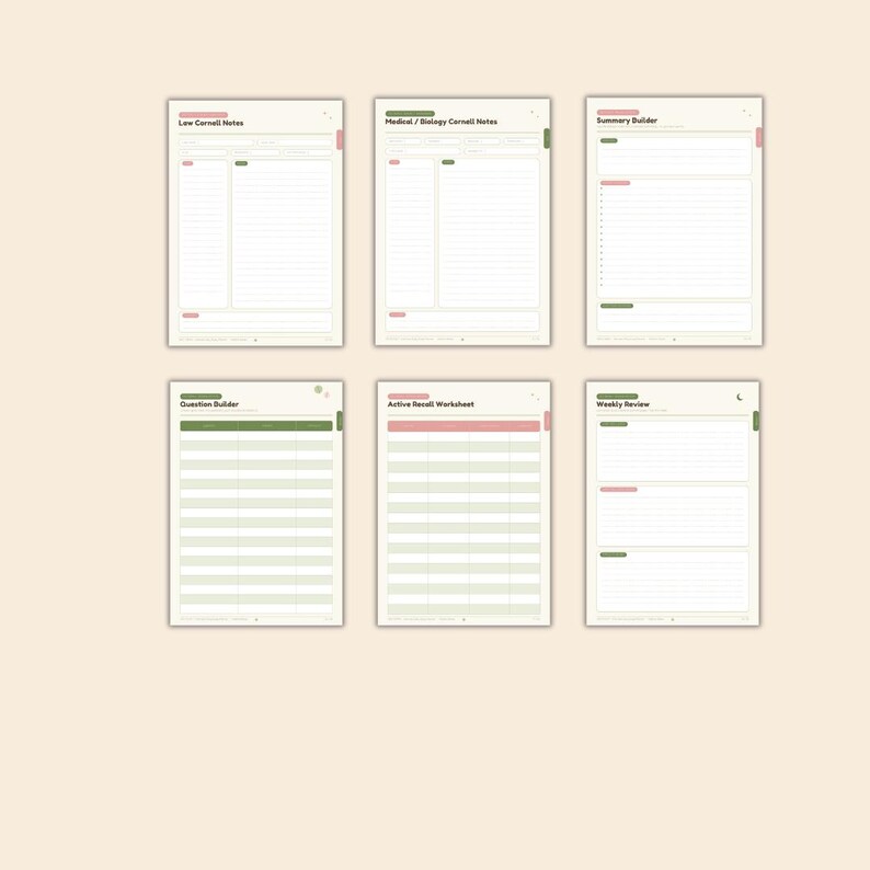 May include: Six digital planner pages featuring Law Cornell Notes, Medical/Biology Cornell Notes, Summary Builder, Question Builder, Active Recall Worksheet, and Weekly Review. Each page has a cream background with pink and green accents.