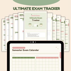Könnte beinhalten: Ein digitaler Ultimate Exam Tracker Planer auf einem Tablet-Bildschirm und als Stapel mehrerer Seiten. Die Benutzeroberfläche zeigt einen Semester-Prüfungskalender, Lernfortschrittsbereiche und Aufgabenlisten in Salbeigrün und Creme.
