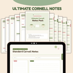 May include: A digital Cornell notes pack displayed on a tablet screen and as stacked paper sheets. The design features a soft sage green and cream color palette with dark brown text. The pages include headers like Ultimate Cornell Notes Pack.