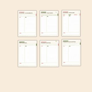 May include: Six digital Cornell note-taking templates arranged in two rows. Each page features a structured layout with lined sections, headers like Learning Objectives, Study Checklist, Priority Labels, STEM, Humanities, and Language Learning.