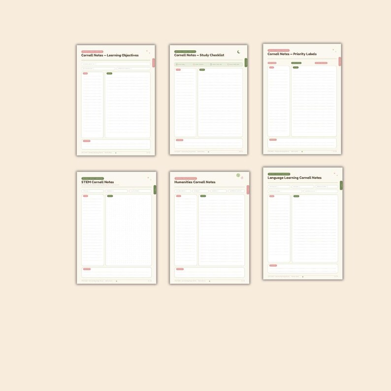 May include: Six digital Cornell note-taking templates arranged in two rows. Each page features a structured layout with lined sections, headers like Learning Objectives, Study Checklist, Priority Labels, STEM, Humanities, and Language Learning.