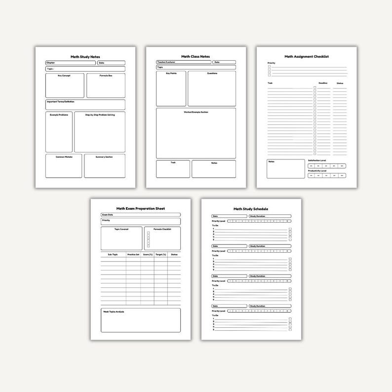 Peut inclure: Cinq feuilles de math&eacute;matiques imprimables blanches. Elles comprennent des mod&egrave;les pour les notes d'&eacute;tude, les notes de cours, les listes de contr&ocirc;le des devoirs, la pr&eacute;paration aux examens et un emploi du temps. Texte et bordures noirs.
