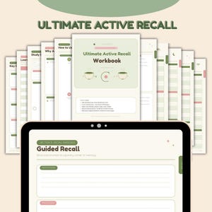 May include: A digital Ultimate Active Recall Workbook displayed on a tablet screen, featuring a light green and cream color palette. The workbook includes sections for guided recall, definitions, and processes with structured prompts for study.
