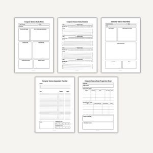 Może przedstawiać: Pięć białych kartek papieru z czarnym tekstem do nauki informatyki. Arkusze zawierają notatki do nauki, harmonogram nauki, notatki z zajęć, listę kontrolną zadań i arkusz przygotowania do egzaminu. Każdy arkusz ma inny układ.