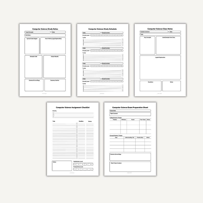Może przedstawiać: Pięć białych kartek papieru z czarnym tekstem do nauki informatyki. Arkusze zawierają notatki do nauki, harmonogram nauki, notatki z zajęć, listę kontrolną zadań i arkusz przygotowania do egzaminu. Każdy arkusz ma inny układ.