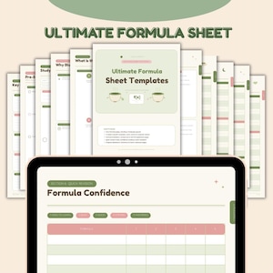 May include: A digital tablet displaying a Formula Confidence revision sheet with a grid, alongside a stack of Ultimate Formula Sheet Templates in soft green and cream tones, featuring icons of tea cups and mathematical function symbols.