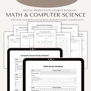 May include: Digital student bundling for maths and computer science. Includes study notes, class notes, study schedules, assignment checklists, and exam preparation sheets. The image shows a tablet with a maths study schedule and other study documents.
