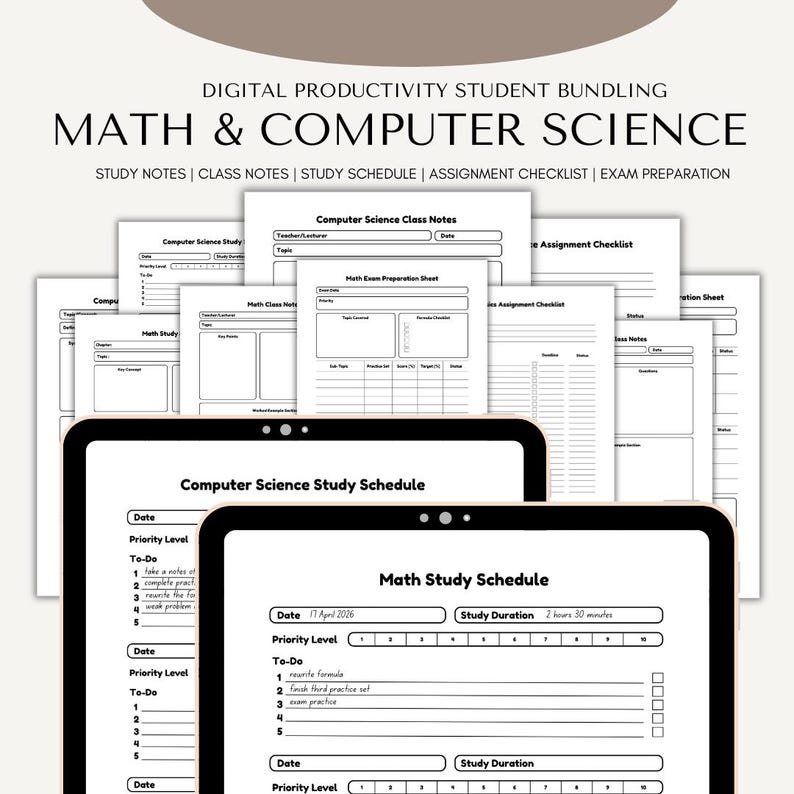 Peut inclure: Ensemble num&eacute;rique pour &eacute;tudiants en math&eacute;matiques et informatique. Comprend des notes de cours, des feuilles de classe, des calendriers d'&eacute;tude, des listes de contr&ocirc;le de devoirs et des feuilles de pr&eacute;paration aux examens. L'image montre une tablette avec un emploi du temps de math&eacute;matiques.
