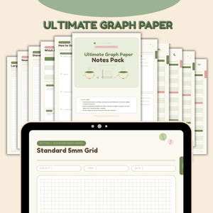 Puede incluir: Una tableta digital muestra una plantilla de papel cuadriculado Standard 5mm Grid con campos para materia, tema y fecha. Detrás, una pila de páginas del Ultimate Graph Paper Notes Pack presenta varios diseños de cuadrícula, tonos verdes y tazas.