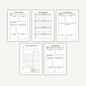 May include: A set of white paper sheets with black text, designed for chemistry study. The sheets include titles such as "Chemistry Study Notes," "Chemistry Study Schedule," and "Chemistry Assignment Checklist."