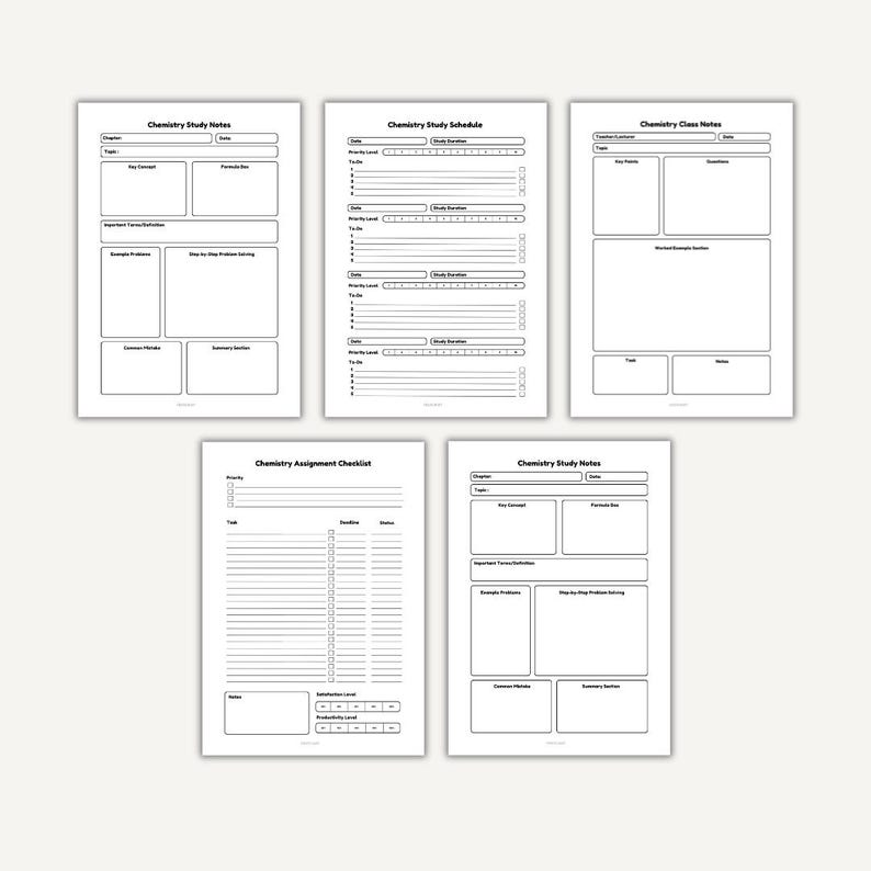 May include: A set of white paper sheets with black text, designed for chemistry study. The sheets include titles such as "Chemistry Study Notes," "Chemistry Study Schedule," and "Chemistry Assignment Checklist."