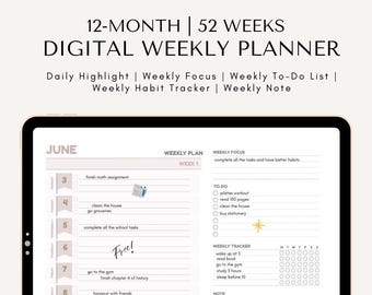 12-miesięczny planer tygodniowy: minimalistyczny tracker realizacji celów (wersja cyfrowa do pobrania)