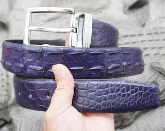 Ceinture en cuir bleu véritable alligator corné pour homme, cadeau pour lui, cadeau d'anniversaire