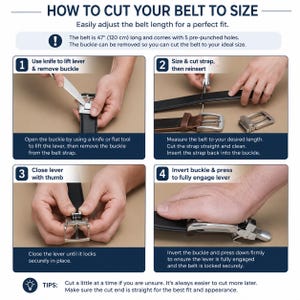 Peut inclure: Guide &eacute;tape par &eacute;tape pour couper une ceinture &agrave; la bonne taille. La ceinture mesure 120 cm de long. Les instructions montrent comment retirer la boucle, mesurer et couper la sangle, puis r&eacute;ins&eacute;rer la boucle. L'image montre des mains manipulant des outils.