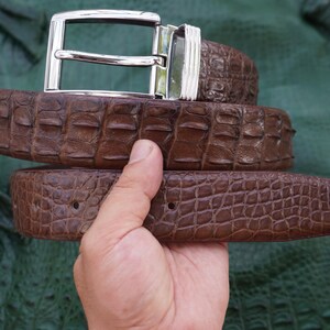 Peut inclure: Une ceinture en cuir marron avec un motif de crocodile textur&eacute; et une boucle argent&eacute;e. La ceinture est tenue par une main. L'arri&egrave;re-plan est une surface verte textur&eacute;e. Les mesures de la ceinture sont en centim&egrave;tres.