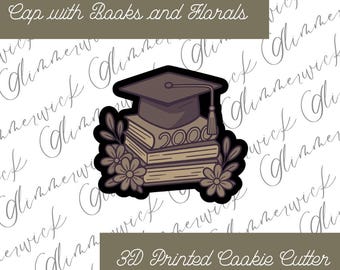Graduation Cap Books Floral Cookie Cutter – 3D Printed Sugar Cookie Fondant Tool