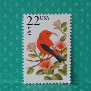 May include: A postage stamp featuring a vibrant red and black bird, the Iiwi, perched on a flowering branch. The stamp is white with a scalloped edge, the text "22 USA" and the word "Iiwi".
