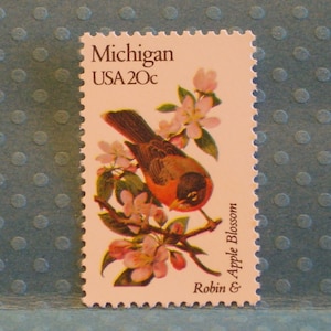 FIVE Vintage Stamps - Michigan&#39;s State Bird and Flower - No. 1974