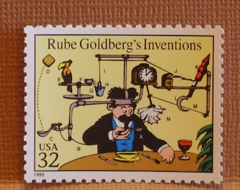 FIVE Vintage 1995 32c Classic Comic Strip Stamps - &quot;Rube Goldberg&#39;s Inventions&quot; - No. 3000f