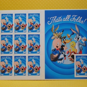 Arkusz znaczków USA z 2001 r. z motywem Porky Pig Looney Tunes z nieskładanego opakowania - nr 3535 - bez wykrojnika, po prawej stronie - anomalia!